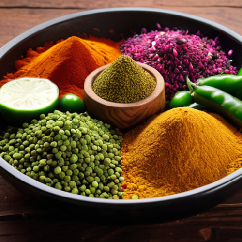 Home 4 **A vibrant and colorful vegetarian dish showcasing a medley of spices being sprinkled over it. Focus on the visual appeal of the spices and the fresh vegetables.** (This prompt is inspired by the " মশলার জাদু: স্বাদ বদলের খেলা " section, emphasizing the magic of spices.)