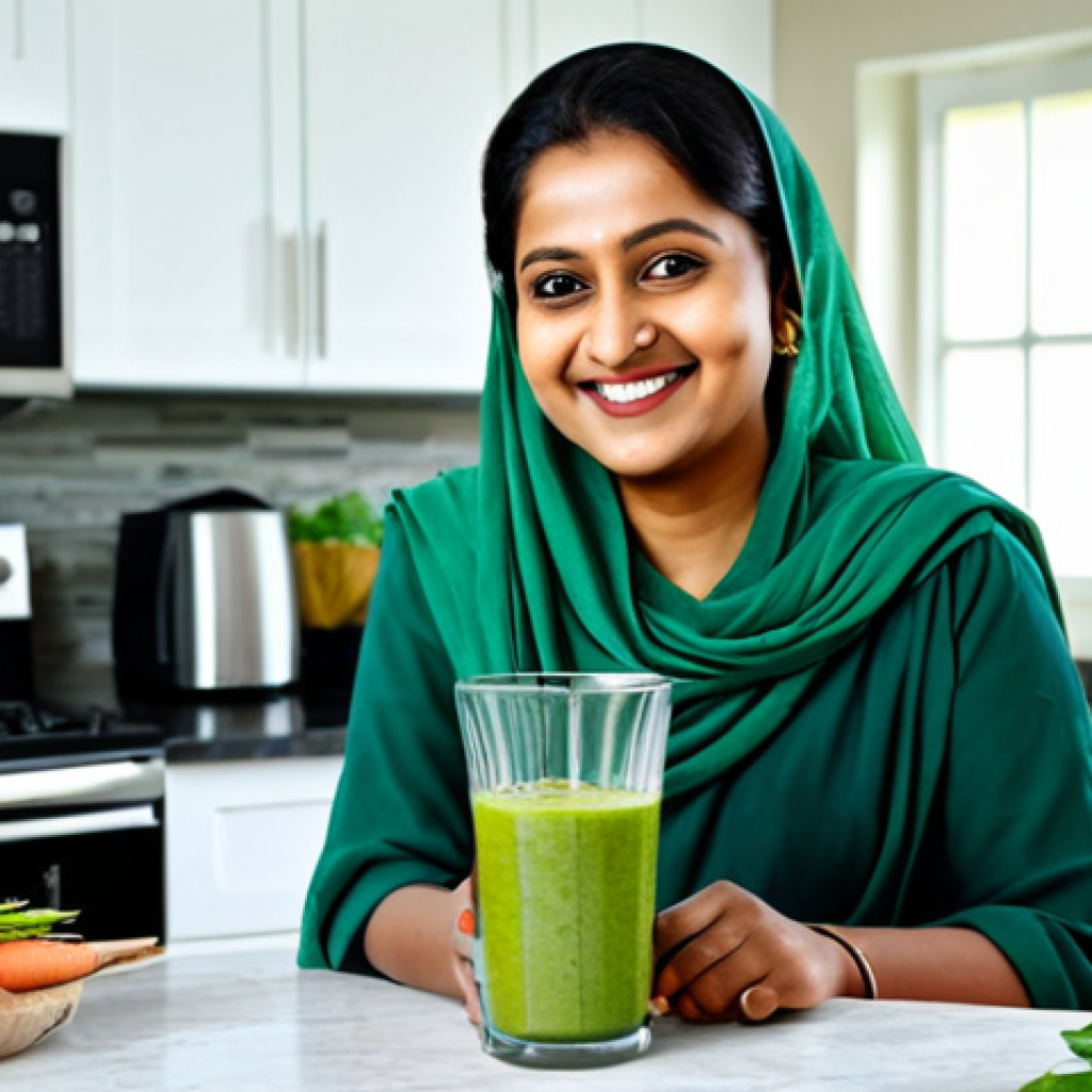 Woman Enjoying a Vegetable Smoothie**

"A vibrant photo of a fully clothed, smiling Bangladeshi woman in her 30s, wearing a modest salwar kameez, holding a glass of green vegetable smoothie in a sunlit kitchen. Fresh vegetables (spinach, cucumber, carrots) are arranged artfully on the counter. Perfect anatomy, correct proportions, natural pose, well-formed hands. Safe for work, appropriate content, professional, family-friendly."

**