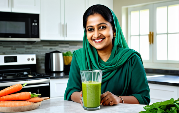 Woman Enjoying a Vegetable Smoothie**
"A vibrant photo of a fully clothed, smiling Bangladeshi woman in her 30s, wearing a modest salwar kameez, holding a glass of green vegetable smoothie in a sunlit kitchen. Fresh vegetables (spinach, cucumber, carrots) are arranged artfully on the counter. Perfect anatomy, correct proportions, natural pose, well-formed hands. Safe for work, appropriate content, professional, family-friendly."
**