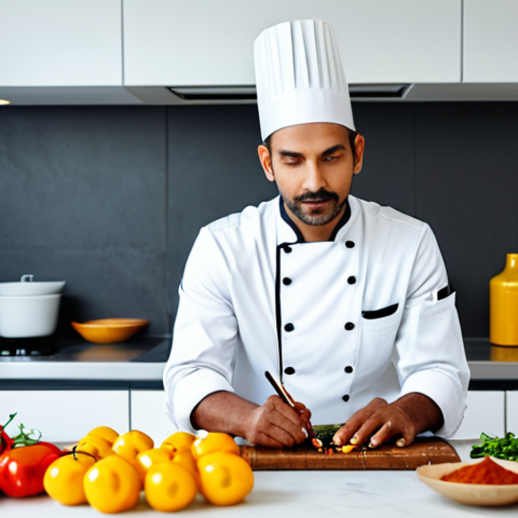 **
A fully clothed professional chef preparing vegetarian dishes with aromatic spices in a brightly lit, modern kitchen. Focus on the vibrant colors of the spices and fresh vegetables. Safe for work, appropriate content, perfect anatomy, modest attire, professional photography, high quality.
**