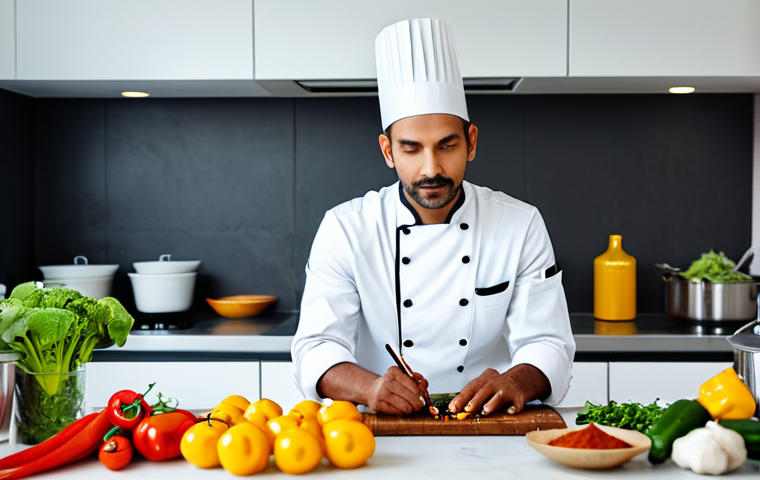 **
A fully clothed professional chef preparing vegetarian dishes with aromatic spices in a brightly lit, modern kitchen. Focus on the vibrant colors of the spices and fresh vegetables. Safe for work, appropriate content, perfect anatomy, modest attire, professional photography, high quality.
**