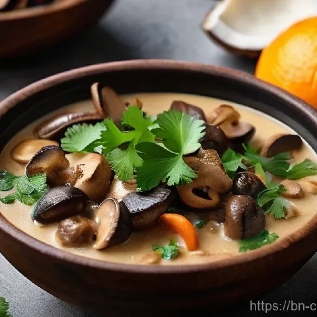 비건 요리에서의 깊은 맛을 위한 조합 - **Aromatic Mushroom and Coconut Milk Stew:** A close-up, top-down shot of a rich, steaming vegan ste...