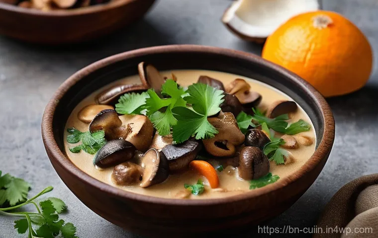 비건 요리에서의 깊은 맛을 위한 조합 - **Aromatic Mushroom and Coconut Milk Stew:** A close-up, top-down shot of a rich, steaming vegan ste...