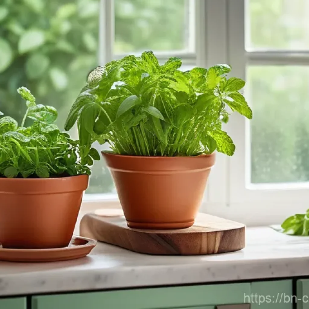 신선한 허브로 만드는 채식 요리의 매력 - **A Vibrant Kitchen Herb Garden:**
"A bright, naturally lit kitchen scene featuring a thriving h...