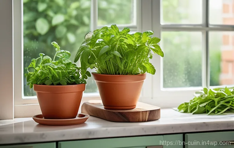 신선한 허브로 만드는 채식 요리의 매력 - **A Vibrant Kitchen Herb Garden:**
    "A bright, naturally lit kitchen scene featuring a thriving h...