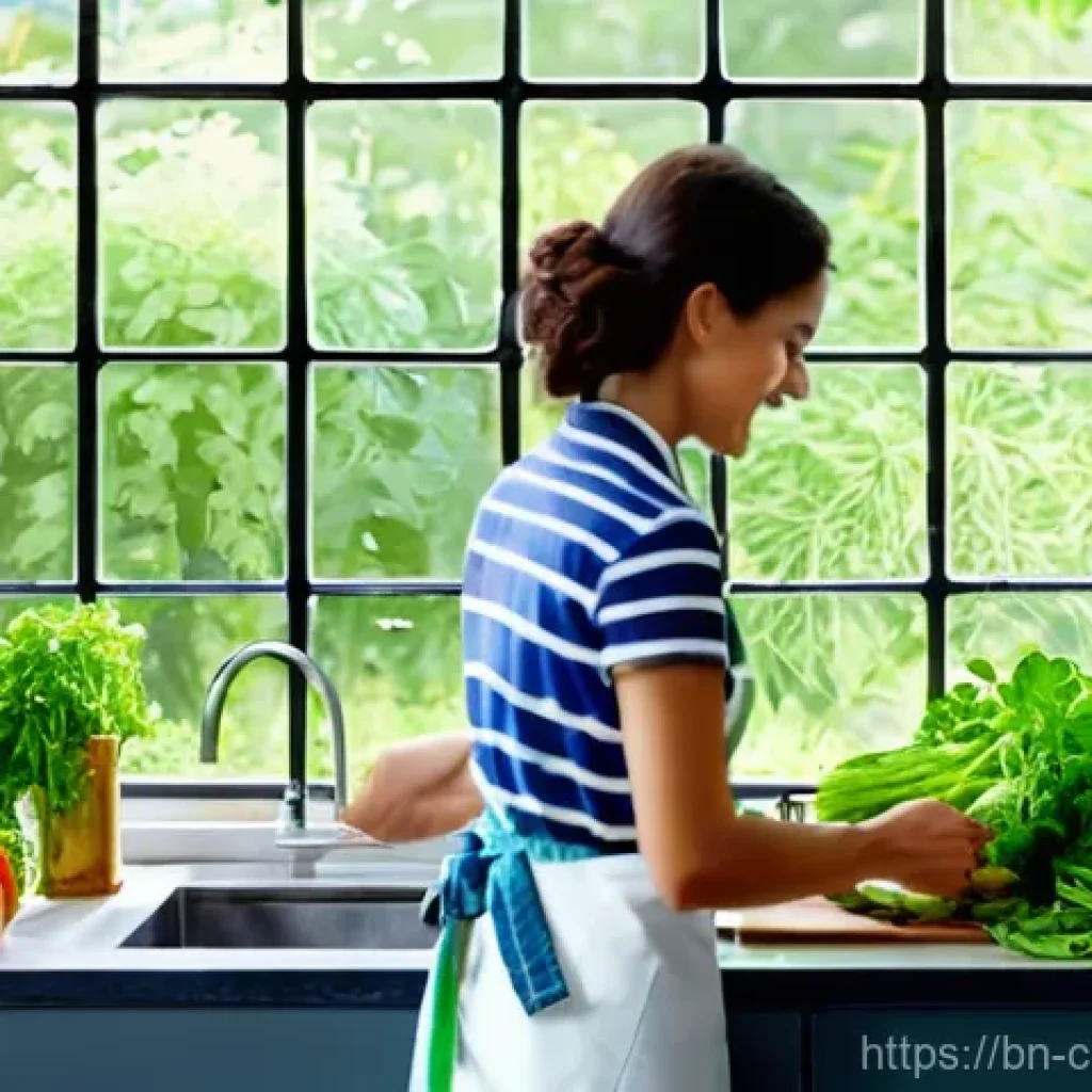 신선한 허브를 이용한 채식 요리 팁 - **Prompt 1: A Vibrant Culinary Moment**
A wide shot of a brightly lit, modern kitchen. A woman (...