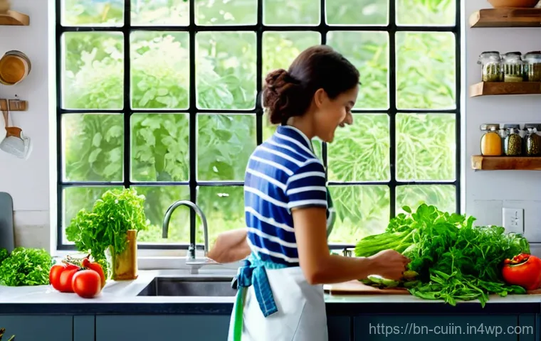 신선한 허브를 이용한 채식 요리 팁 - **Prompt 1: A Vibrant Culinary Moment**
    A wide shot of a brightly lit, modern kitchen. A woman (...