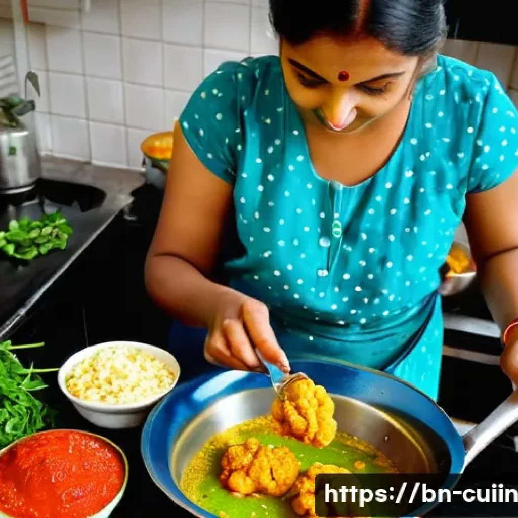 신선한 채소로 만드는 특별한 요리 레시피 - A vibrant and colorful kitchen scene showing a Bengali woman skillfully preparing fresh vegetable pa...