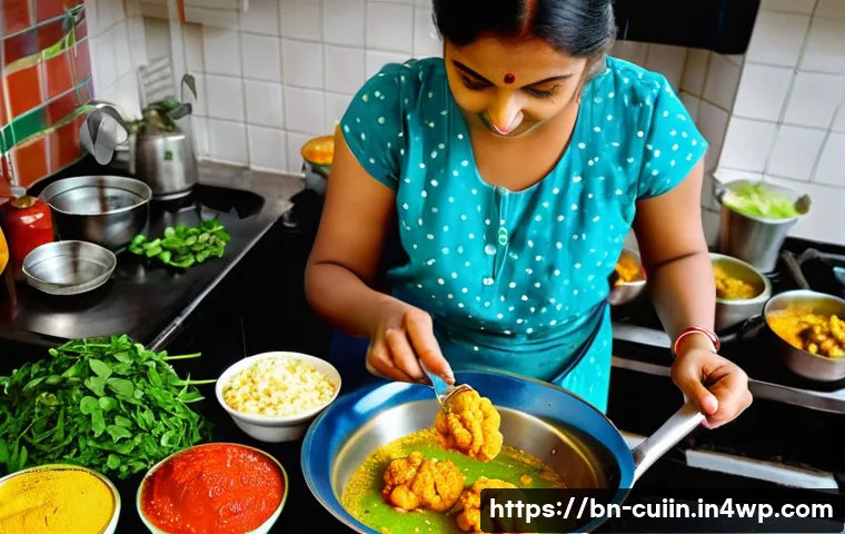 신선한 채소로 만드는 특별한 요리 레시피 - A vibrant and colorful kitchen scene showing a Bengali woman skillfully preparing fresh vegetable pa...
