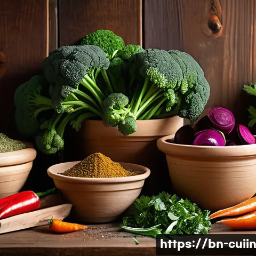 비건 요리에서의 풍미를 위한 마리네이드 - A vibrant, detailed kitchen scene showcasing a variety of fresh vegan spices and herbs arranged artf...