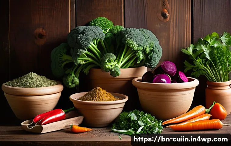 비건 요리에서의 풍미를 위한 마리네이드 - A vibrant, detailed kitchen scene showcasing a variety of fresh vegan spices and herbs arranged artf...