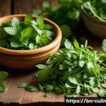 Home 20 채식 요리를 위한 간단한 허브 혼합법 - A vibrant, close-up image of fresh coriander leaves and mint leaves on a rustic wooden table, showca...