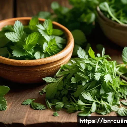 Home 32 채식 요리를 위한 간단한 허브 혼합법 - A vibrant, close-up image of fresh coriander leaves and mint leaves on a rustic wooden table, showca...