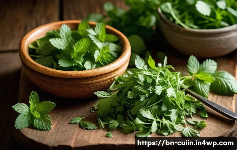 채식 요리를 위한 간단한 허브 혼합법 - A vibrant, close-up image of fresh coriander leaves and mint leaves on a rustic wooden table, showca...