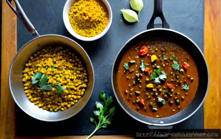 향신료를 통한 채식 요리의 깊이 증대 - Photorealistic overhead food scene of a Bengali-inspired vegetarian curry being prepared in a clean ...