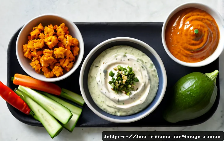 채식 요리에 어울리는 맛있는 딥 소스 만들기 - Photorealistic overhead food scene of a colorful vegetarian snack platter with crisp carrot sticks, ...