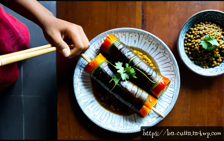 Home 30 비건 요리에서의 독창적인 조리법 소개 - Photorealistic overhead kitchen scene showcasing an inventive vegan cooking method: roasted eggplant...