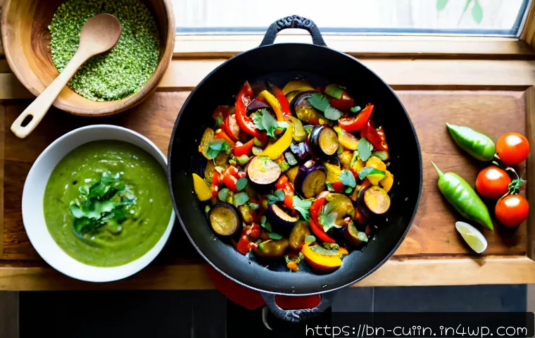 Home 17 채식 요리의 매력을 살리는 조리 비법 - Photorealistic overhead kitchen scene of colorful vegetarian cooking techniques, a cast-iron pan wit...